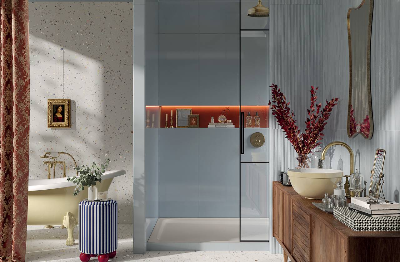 Room view Bathroom, created with tiles from the collection: MATERIA BRILLANTE – White, Light Blue, Red-Pink