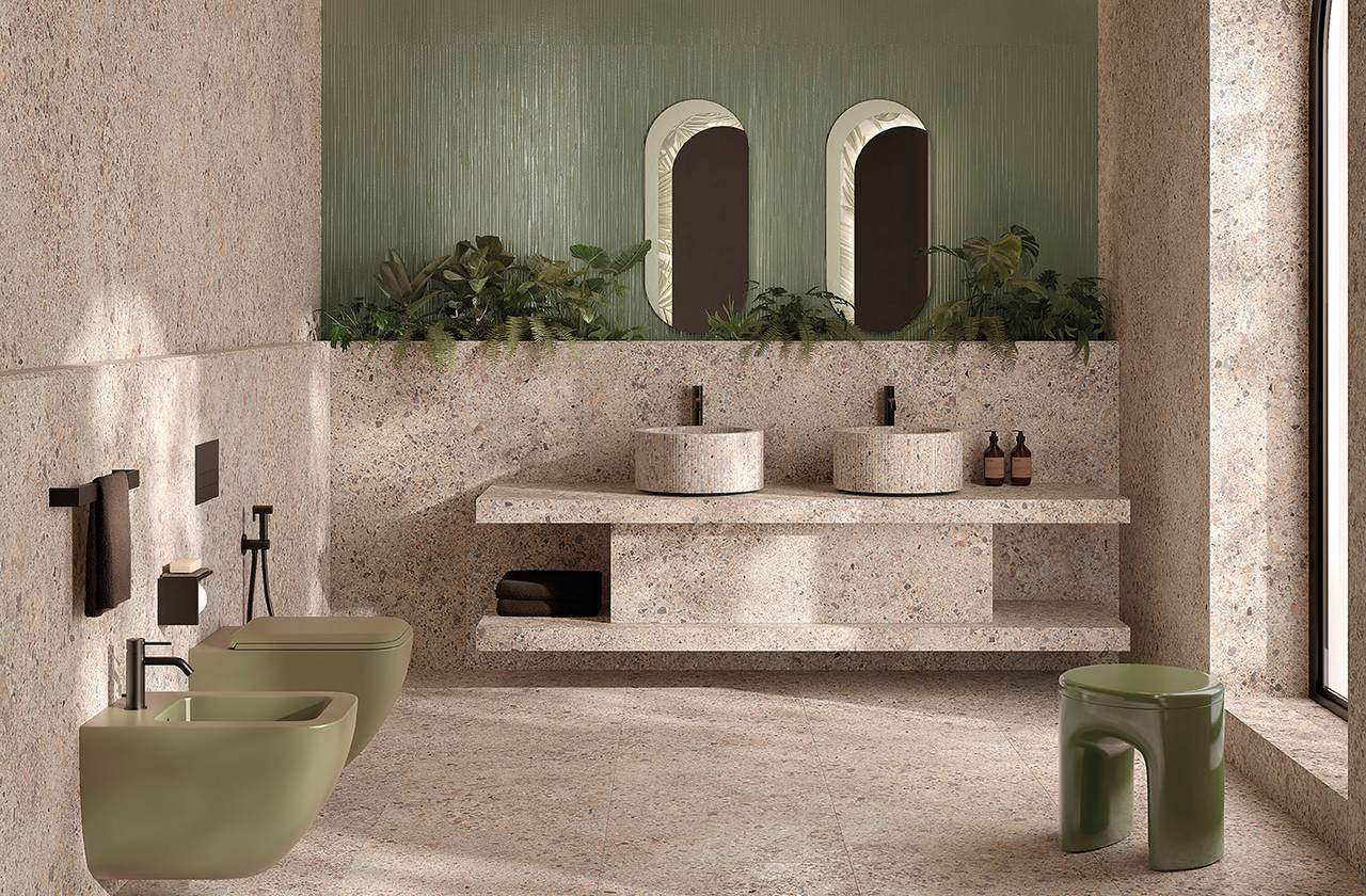 Room view Bathroom, created with tiles from the collection: MATERIA ECLETTICA – Grey, Green