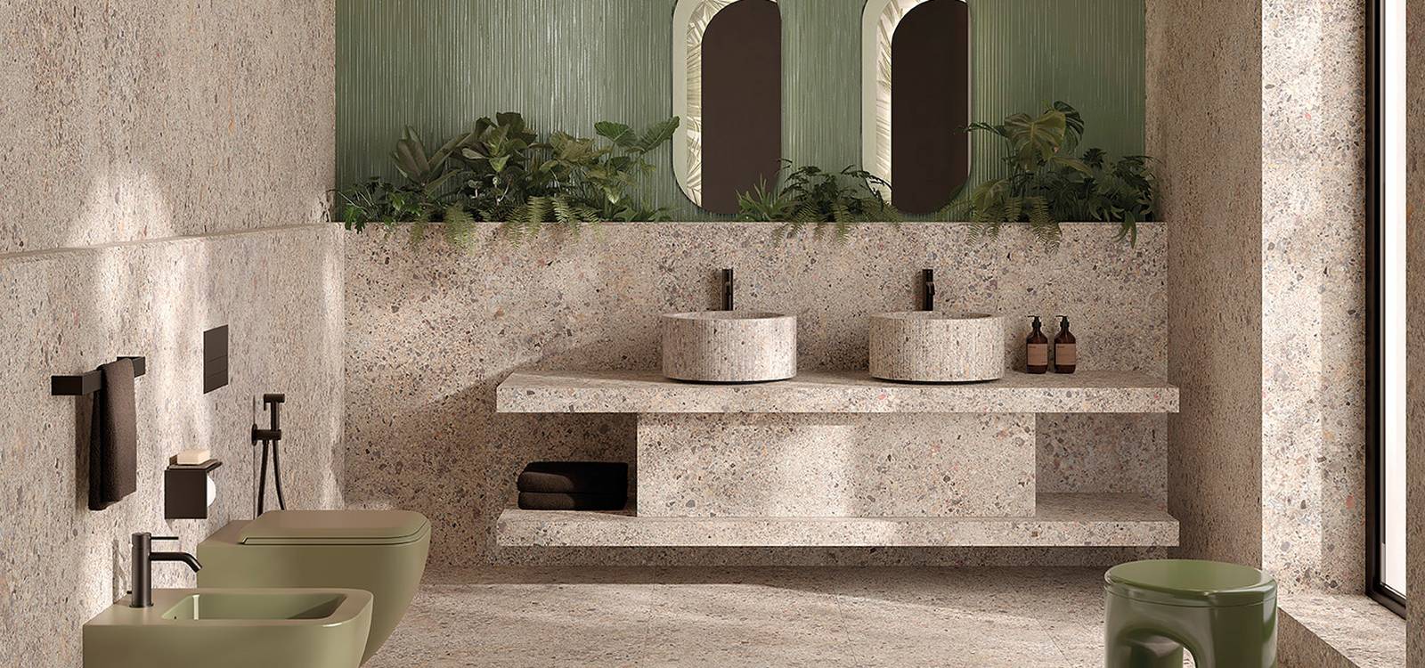 Image d'ambiance Salle de bain, réalisée avec des carreaux de la collection : MATERIA ECLETTICA – Gris, Vert