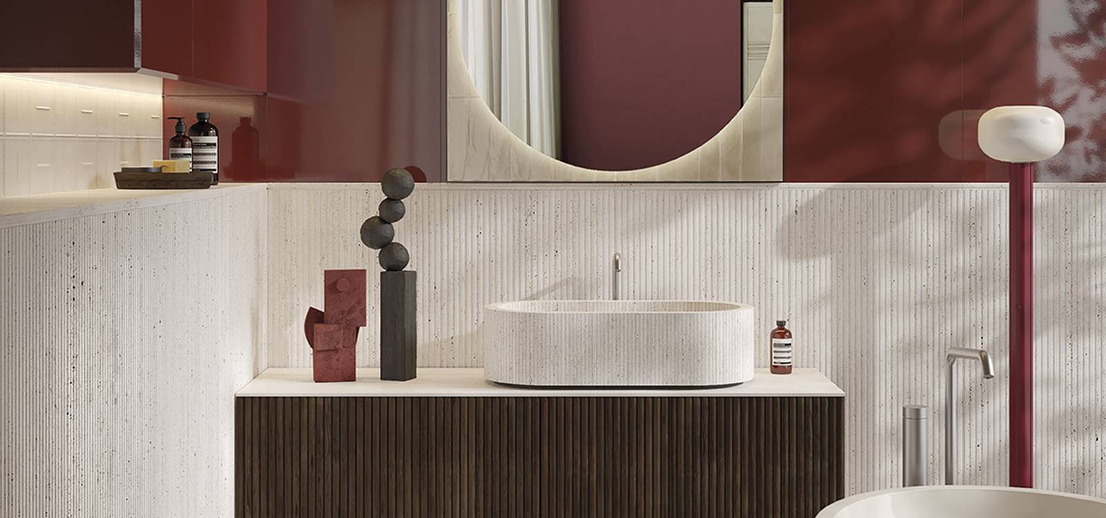 Image d'ambiance , réalisée avec des carreaux de la collection : MATERIA – Rouge-Rose, Blanc