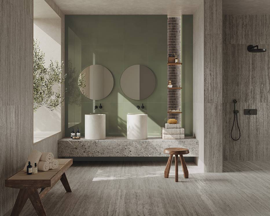 Room view , created with tiles from the collection: MATERIA – Grey, Green