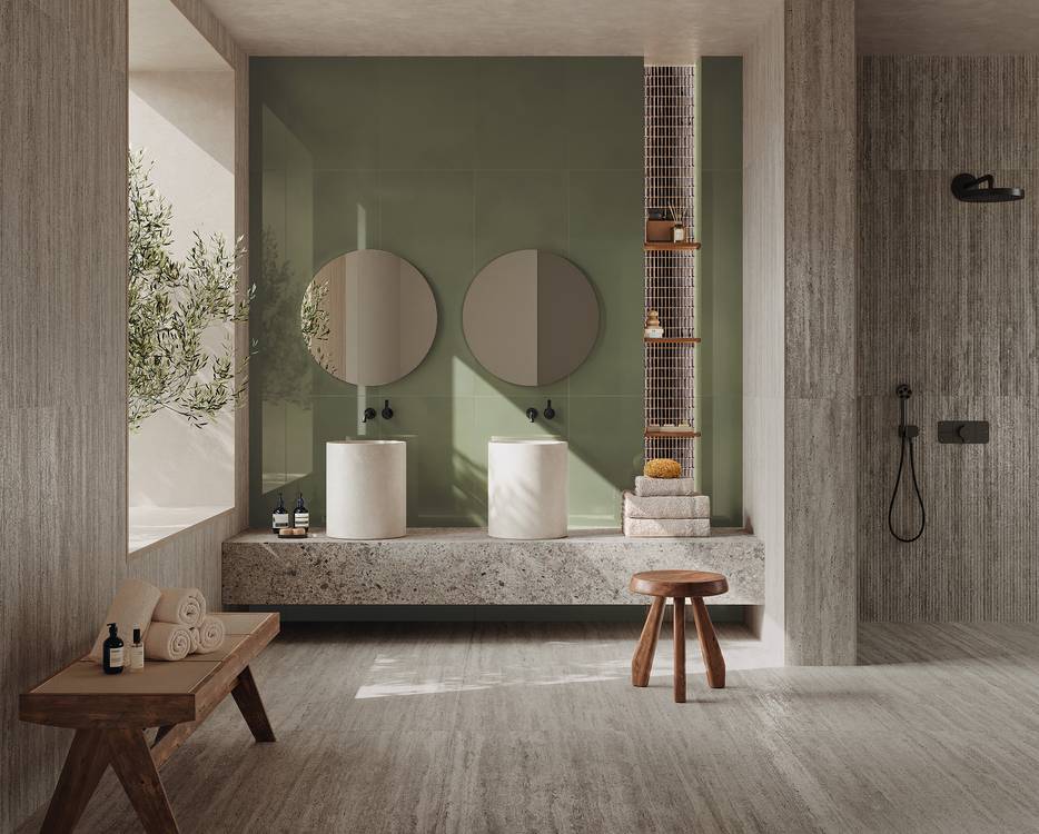 Immagine ambiente Bagno, realizzato con piastrelle della collezione: MATERIA BRILLANTE - Grigio, Verde