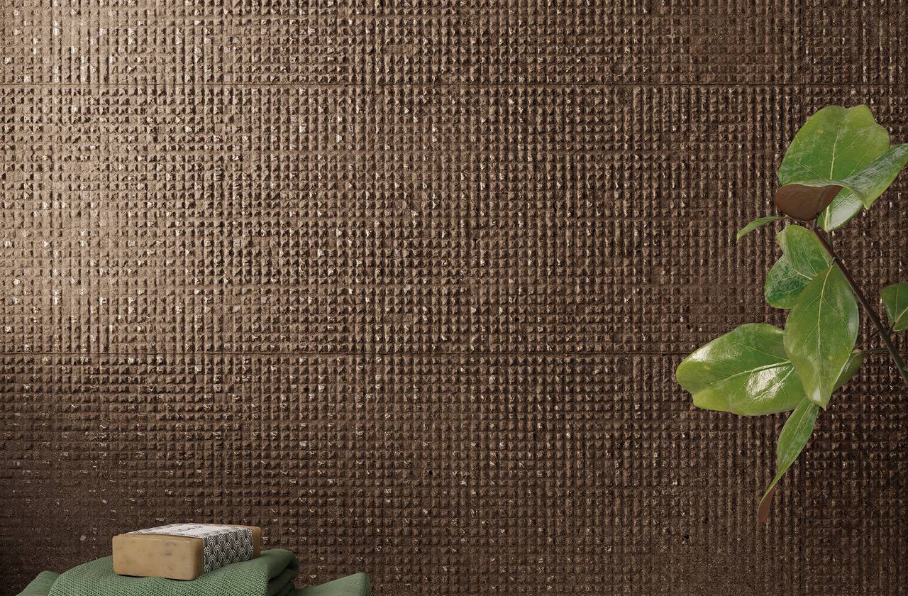 Image d'ambiance Salle de bain, réalisée avec des carreaux de la collection : MATERIA PURA wall tiles 30,5x91,5 – Marron