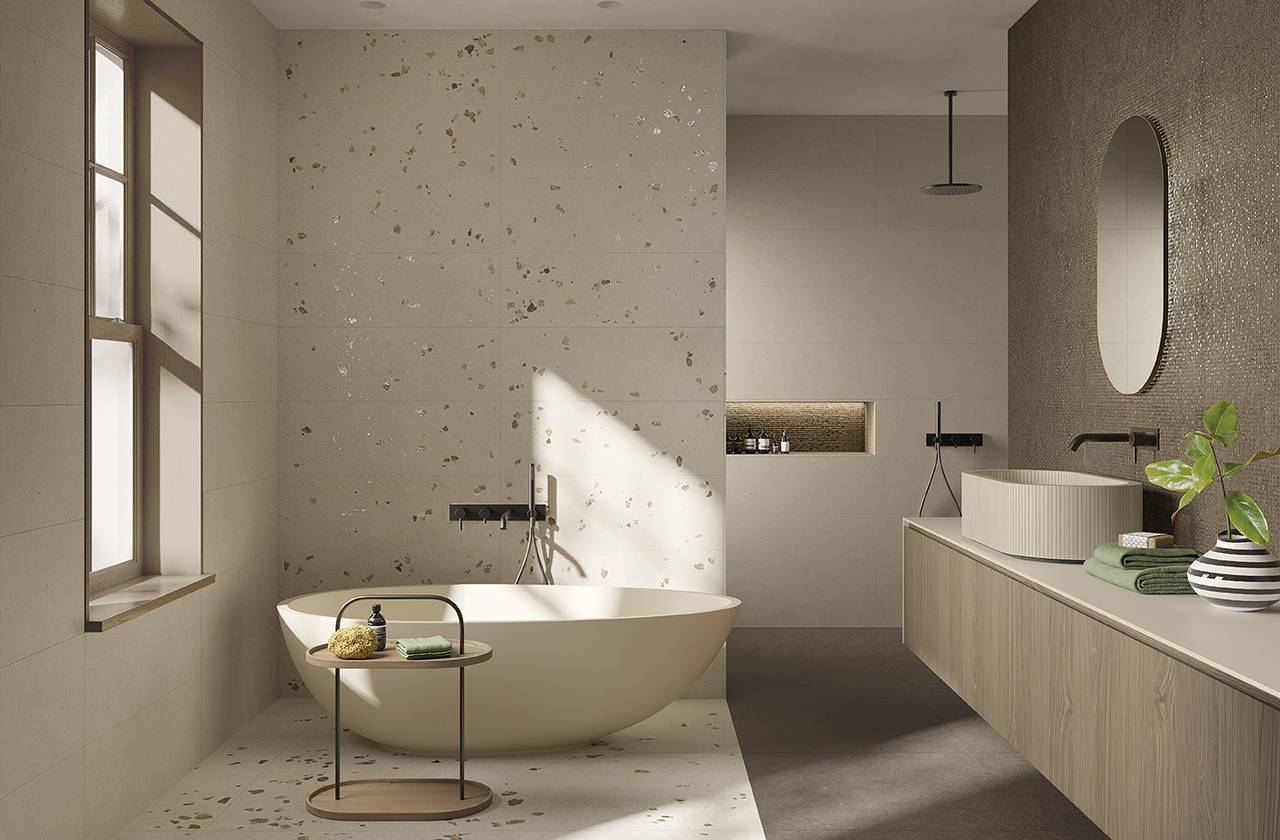 Room view Bathroom, created with tiles from the collection: MATERIA PURA – Brown, Grey