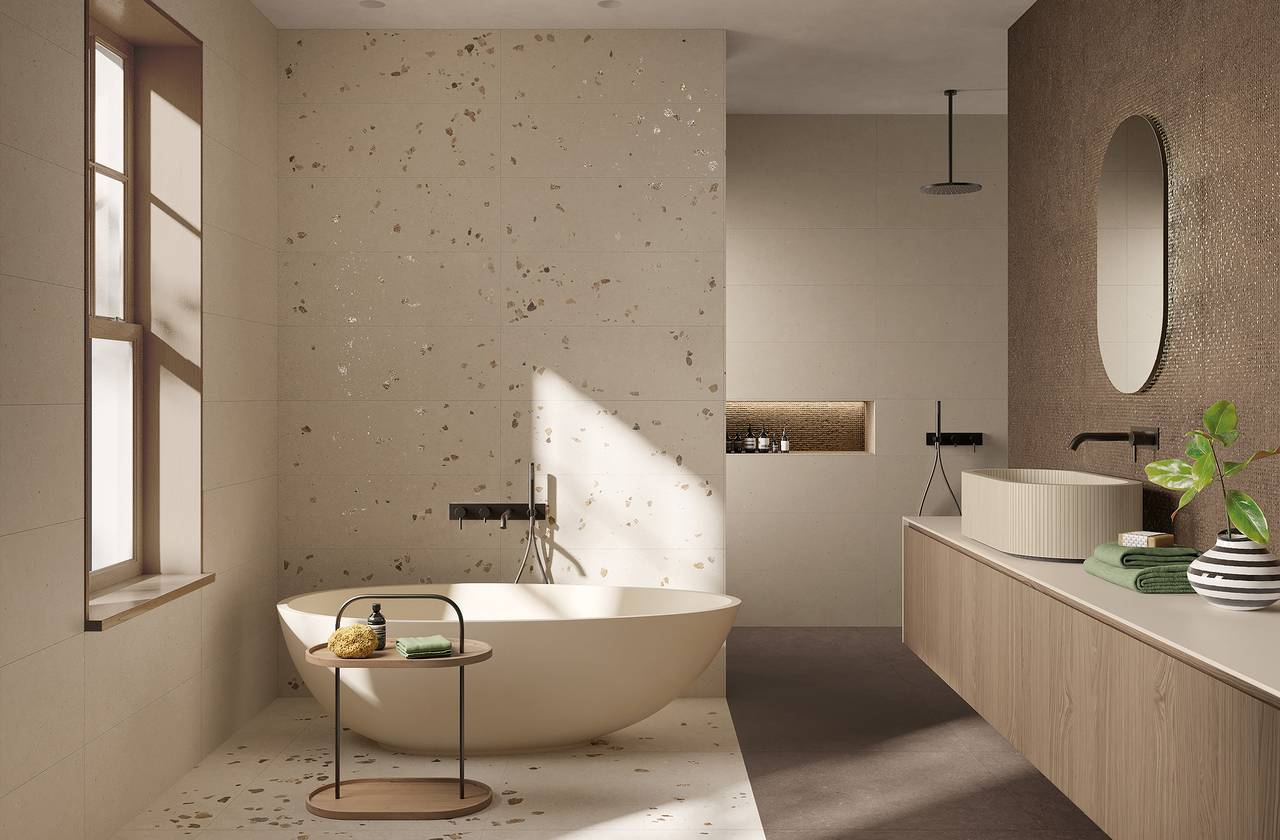 Image d'ambiance Salle de bain, réalisée avec des carreaux de la collection : MATERIA PURA wall tiles 30,5x91,5 – Gris, Marron