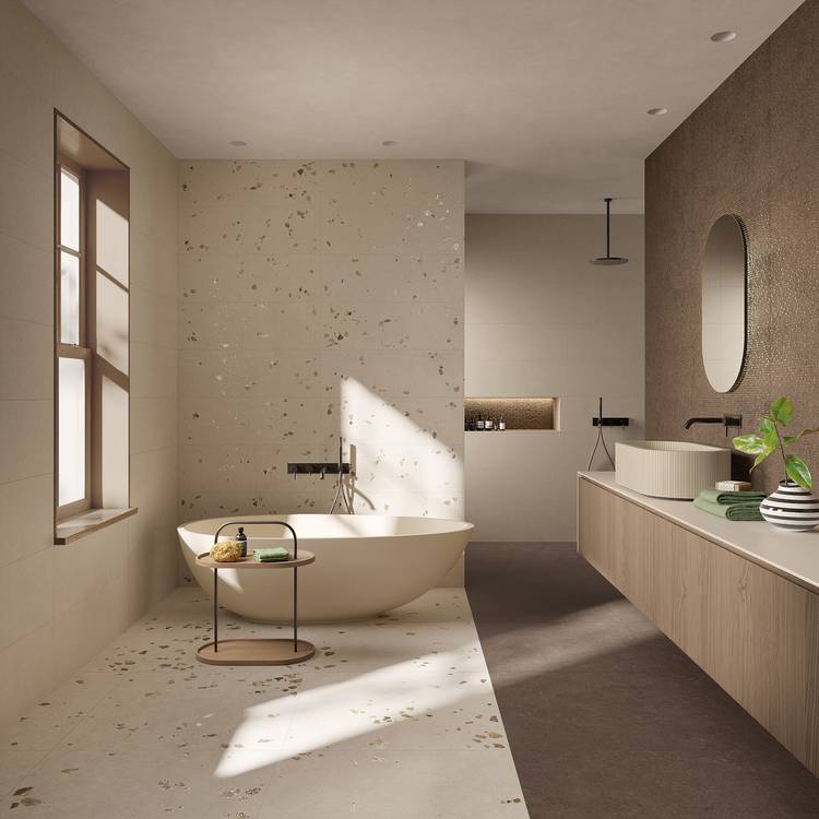 Room view Bathroom, created with tiles from the collection: MATERIA PURA 30,5x91,5 – Grey, Brown