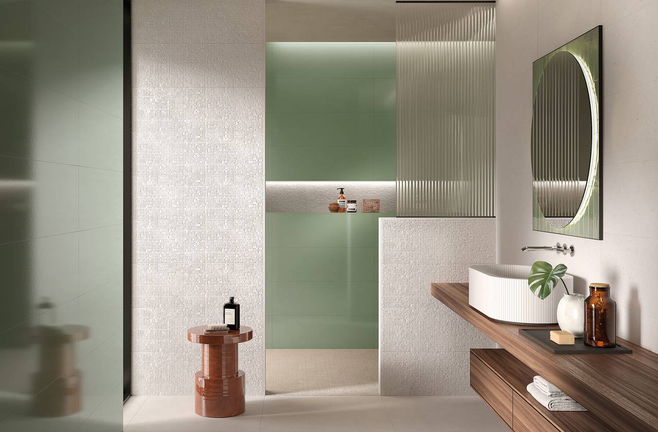 Image d'ambiance Salle de bain, réalisée avec des carreaux de la collection : MATERIA PURA wall tiles 30,5x91,5 – AUTRES, Blanc