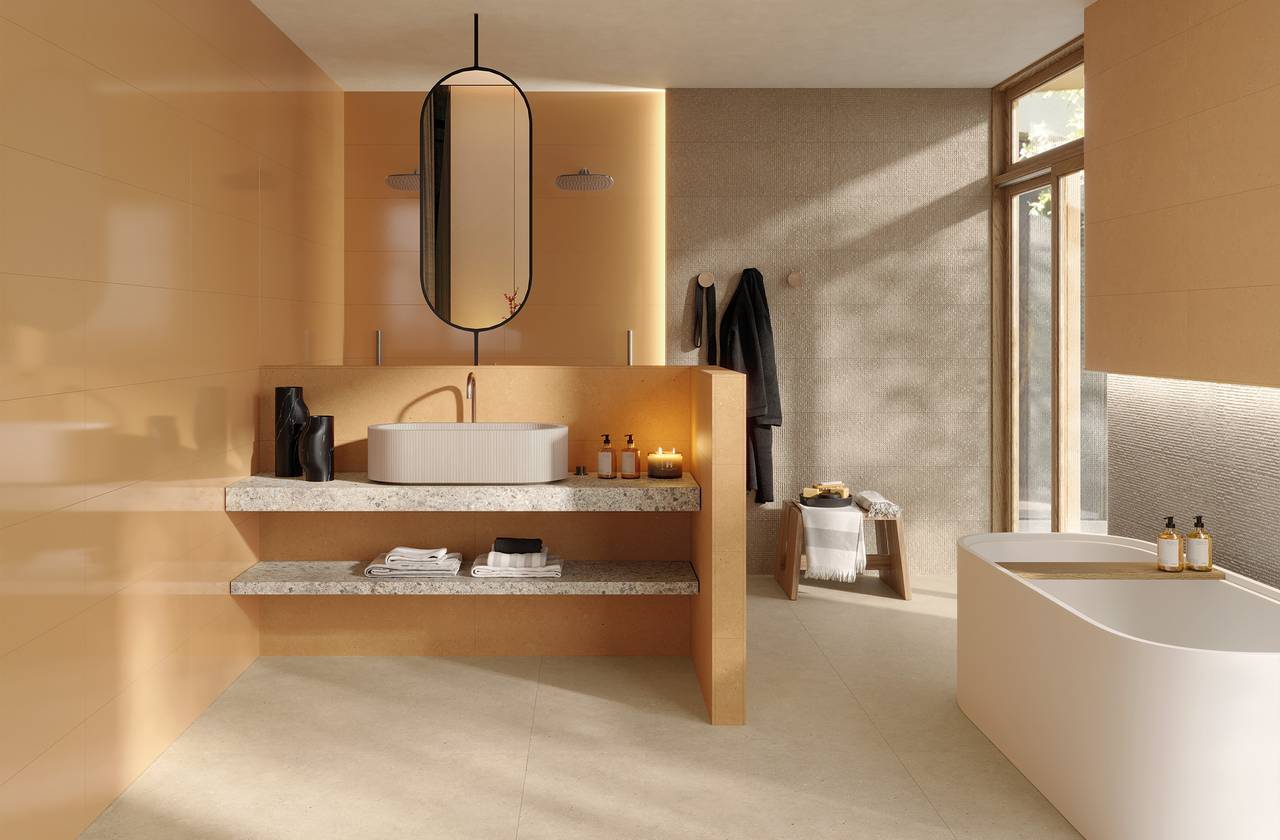 Image d'ambiance Salle de bain, réalisée avec des carreaux de la collection : MATERIA PURA wall tiles 30,5x91,5 – AUTRES, Gris