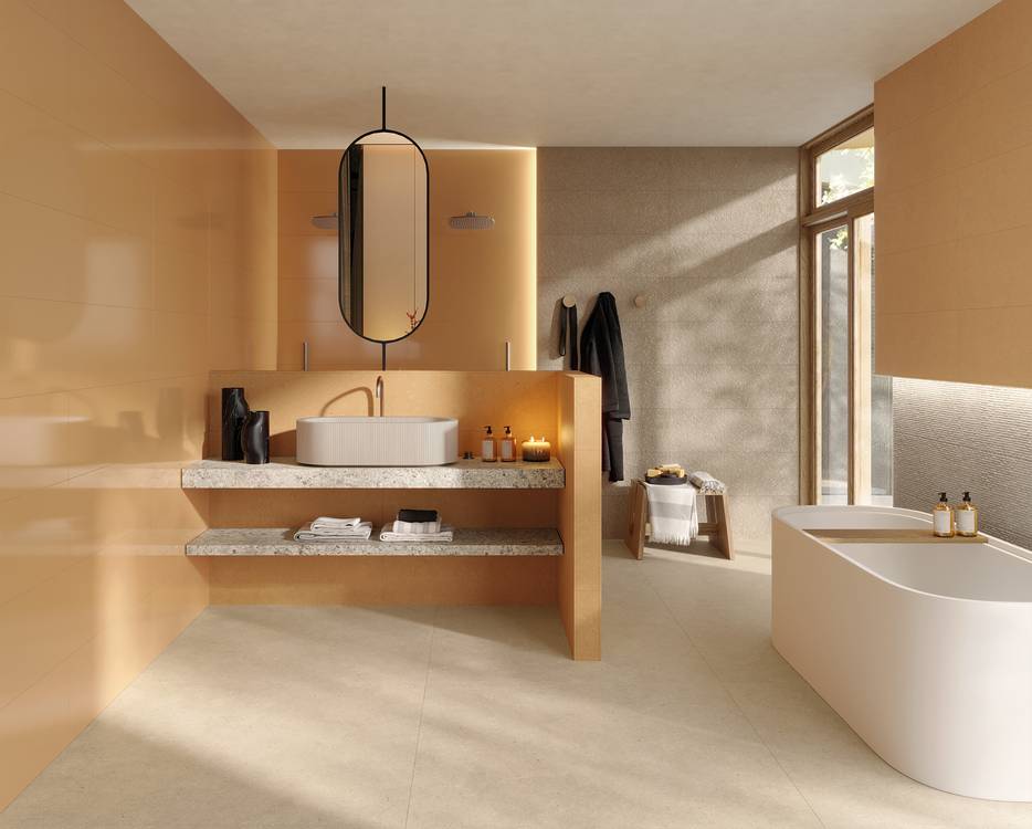 Room view Bathroom, created with tiles from the collection: MATERIA PURA 30,5x91,5 – Other, Grey