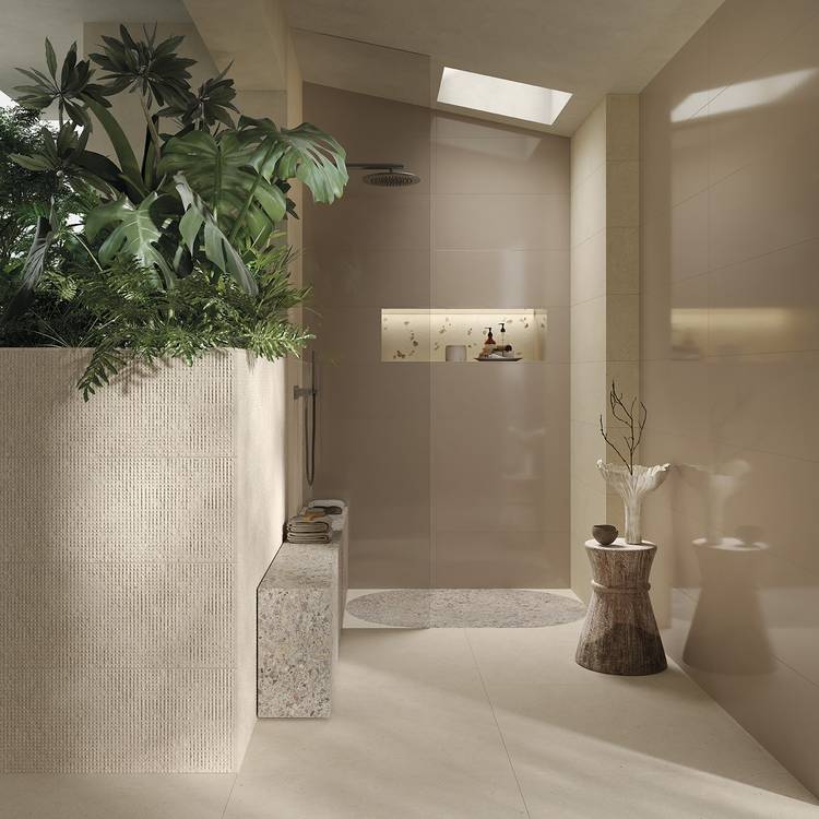 Room view Bathroom, created with tiles from the collection: MATERIA PURA 30,5x91,5 – Grey, Beige