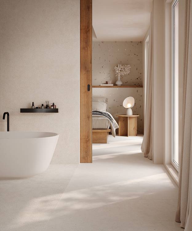 Room view Bathroom, created with tiles from the collection: MATERIA PURA 30,5x91,5 – Grey, White