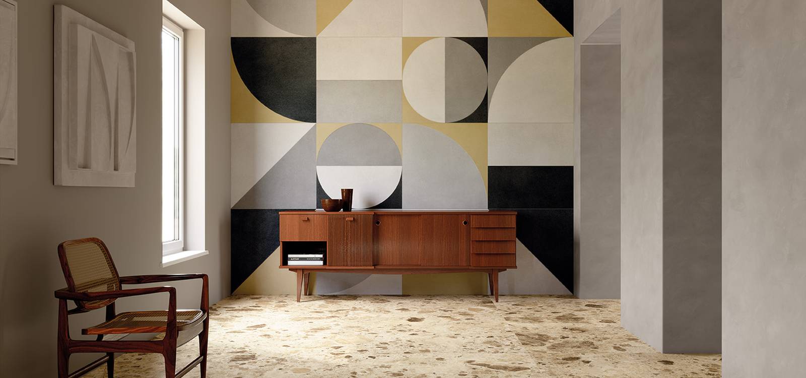 Image d'ambiance Maison, réalisée avec des carreaux de la collection : FAP MURALS – Gris