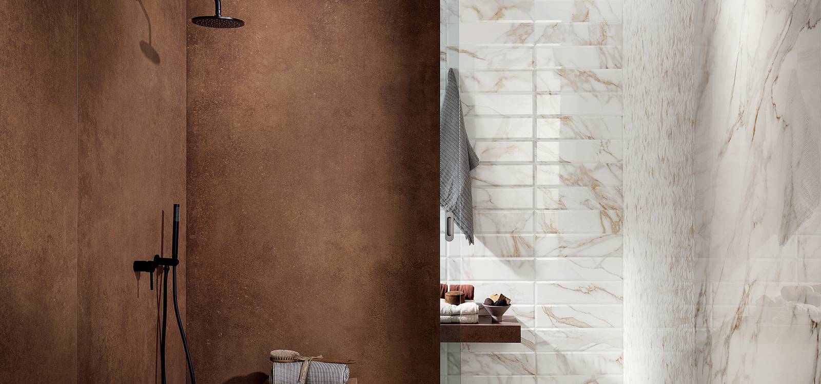 Immagine ambiente Bagno, realizzato con piastrelle della collezione: ROMA GOLD - Bianco, Marrone