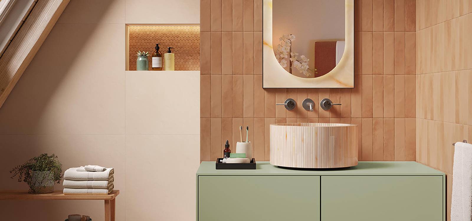 Room view Bathroom, created with tiles from the collection: STILL – Brown, Red-Pink