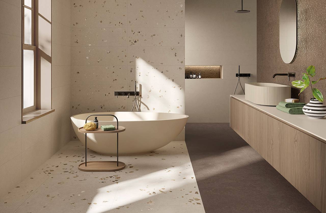 Room view Bathroom, created with tiles from the collection: MATERIA PURA – Brown, Grey