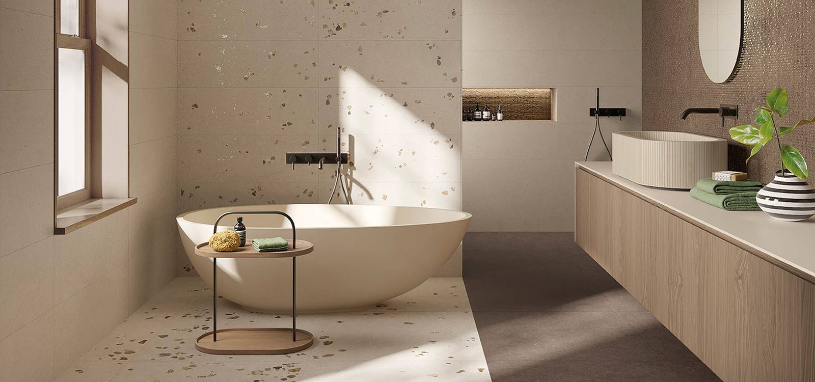 Room view Bathroom, created with tiles from the collection: MATERIA PURA – Brown, Grey