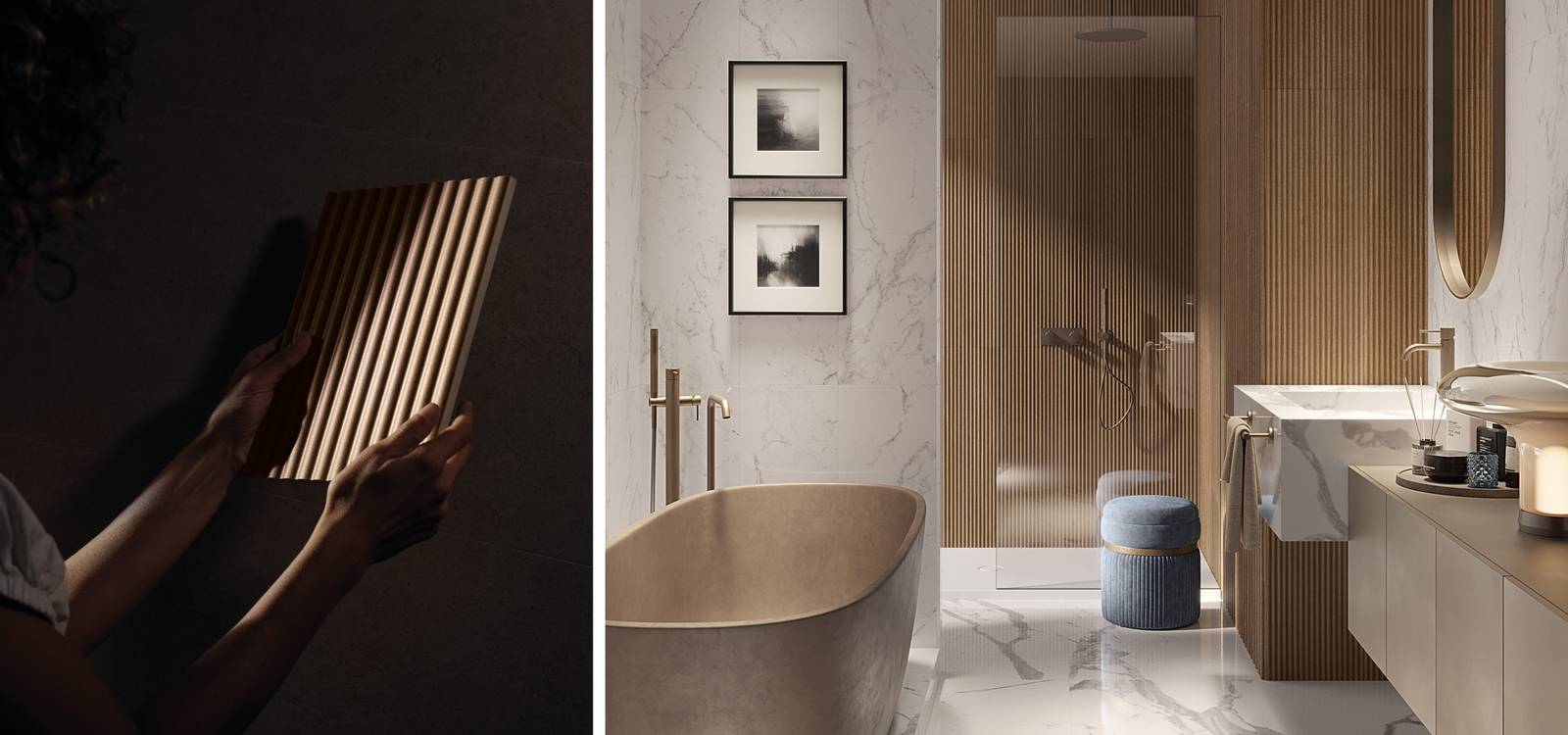 Immagine ambiente Bagno, realizzato con piastrelle della collezione: OLTRE IL MARMO - Bianco