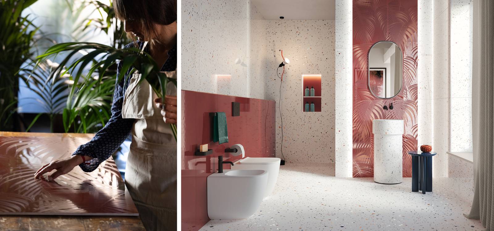 Room view Bathroom, created with tiles from the collection: MATERIA BRILLANTE – White, Red-Pink