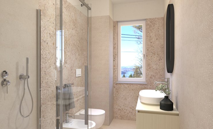Immagine di progetto bagno di forma Rettangolare, realizzato con piastrelle a pavimento MATERIA PURA e piastrelle a rivestimento MATERIA ECLETTICA, MATERIA PURA