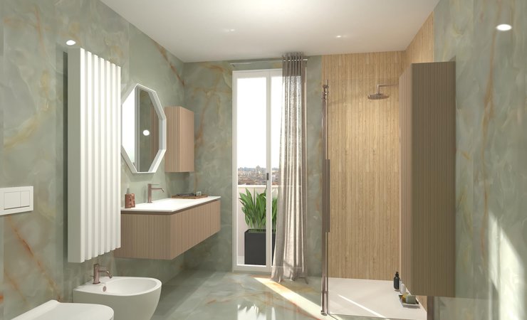 Immagine di progetto bagno di forma Quadrato, realizzato con piastrelle a pavimento GEMME e piastrelle a rivestimento PLEIN AIR, GEMME