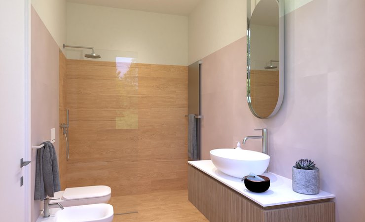 Immagine di progetto bagno di forma Rettangolare, realizzato con piastrelle a pavimento PLEIN AIR e piastrelle a rivestimento PLEIN AIR, MILANO MOOD