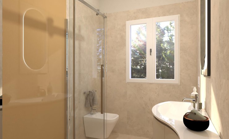 Bathroom design image in Rectangular shape, created with floor tiles VENTO DEL SUD and wall tiles TRUE COLOR, VENTO DEL SUD