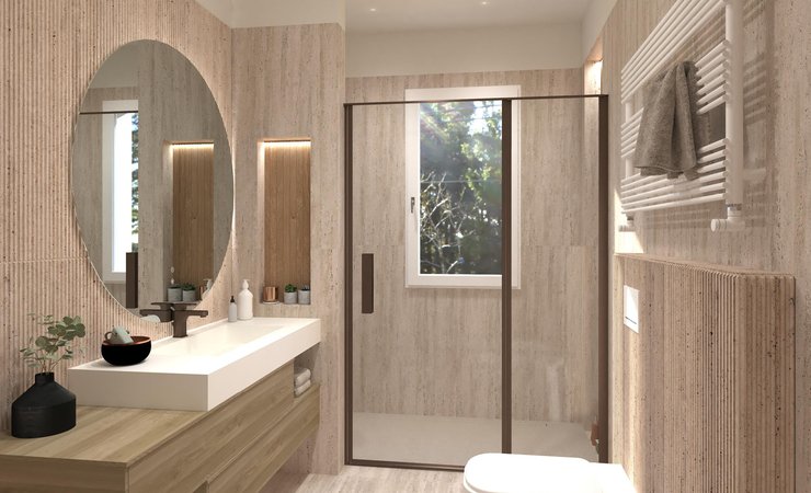 Immagine di progetto bagno di forma Rettangolare, realizzato con piastrelle a pavimento MATERIA CLASSICA e piastrelle a rivestimento MATERIA CLASSICA, PLEIN AIR