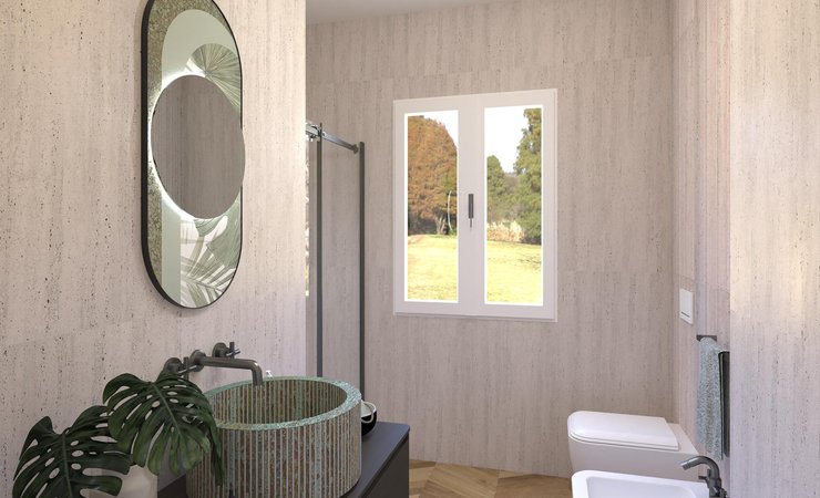 Immagine di progetto bagno di forma Quadrato, realizzato con piastrelle a pavimento FAPNEST e piastrelle a rivestimento MATERIA CLASSICA