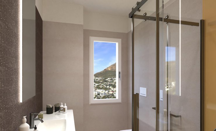 Immagine di progetto bagno di forma Rettangolare, realizzato con piastrelle a pavimento MATERIA PURA e piastrelle a rivestimento MATERIA PURA