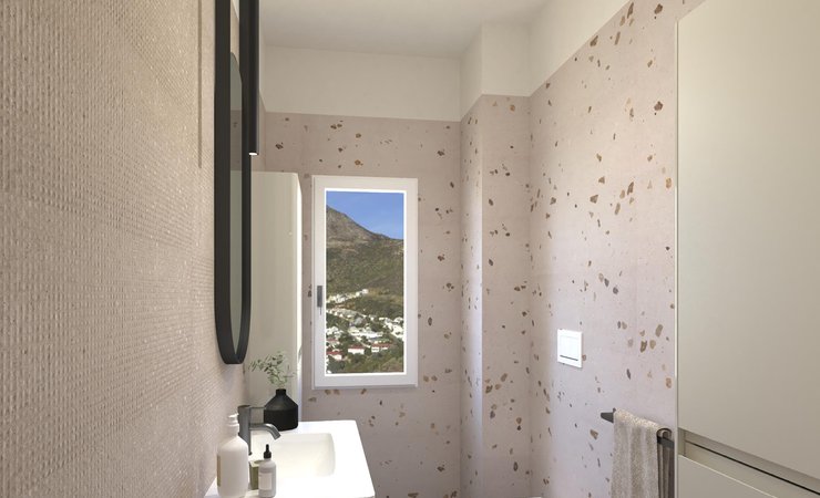 Immagine di progetto bagno di forma Rettangolare, realizzato con piastrelle a pavimento MATERIA PURA e piastrelle a rivestimento MATERIA PURA