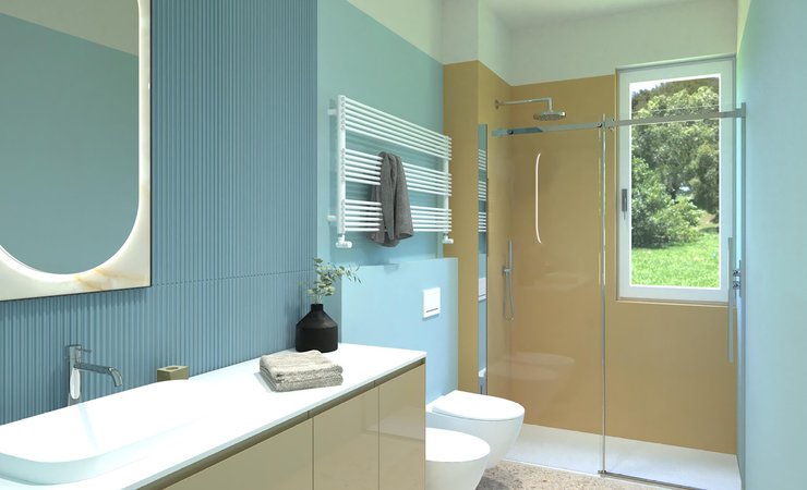 Immagine di progetto bagno di forma Rettangolare, realizzato con piastrelle a pavimento MATERIA ECLETTICA e piastrelle a rivestimento TRUE COLOR