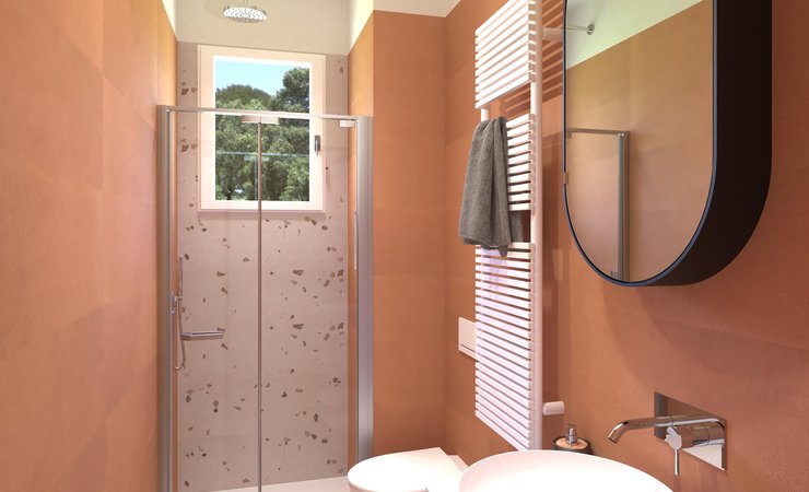 Immagine di progetto bagno di forma Rettangolare, realizzato con piastrelle a pavimento MATERIA PURA e piastrelle a rivestimento SUMMER, MATERIA PURA