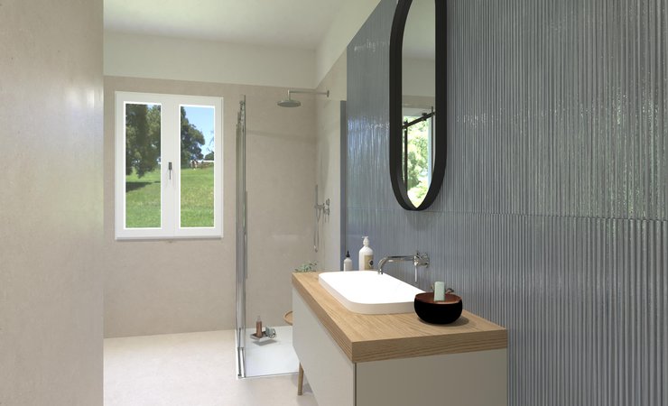 Immagine di progetto bagno di forma Rettangolare, realizzato con piastrelle a pavimento MATERIA PURA e piastrelle a rivestimento MATERIA BRILLANTE, MATERIA PURA