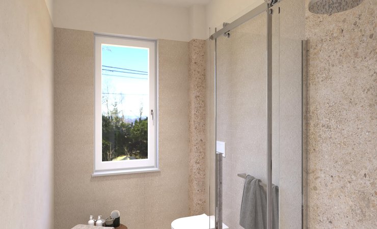 Immagine di progetto bagno di forma Rettangolare, realizzato con piastrelle a pavimento MATERIA PURA e piastrelle a rivestimento MATERIA CLASSICA, MATERIA PURA