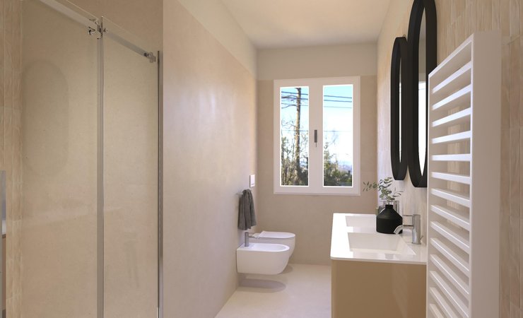 Immagine di progetto bagno di forma Rettangolare, realizzato con piastrelle a pavimento MATERIA PURA e piastrelle a rivestimento STILL, MATERIA PURA