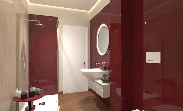 Immagine di progetto bagno di forma Rettangolare, realizzato con piastrelle a pavimento ROOTS e piastrelle a rivestimento MATERIA BRILLANTE