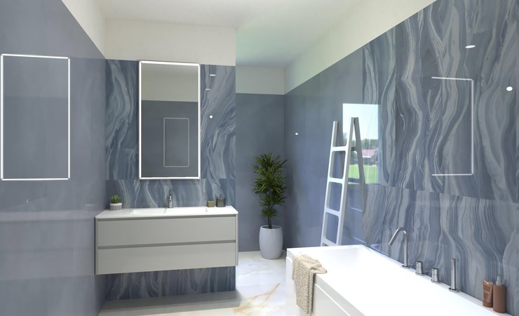 Immagine di progetto bagno di forma Rettangolare, realizzato con piastrelle a pavimento GEMME e piastrelle a rivestimento MATERIA BRILLANTE