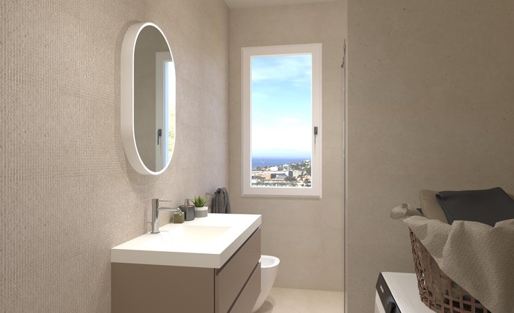 Immagine di progetto bagno di forma Rettangolare, realizzato con piastrelle a pavimento MATERIA PURA e piastrelle a rivestimento MATERIA PURA