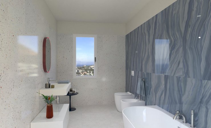 Immagine di progetto bagno di forma Rettangolare, realizzato con piastrelle a pavimento MILANO MOOD e piastrelle a rivestimento MATERIA BRILLANTE
