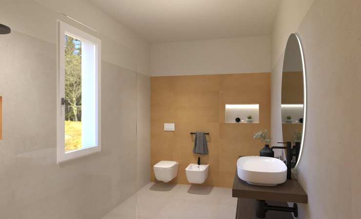 Immagine di progetto bagno di forma Rettangolare, realizzato con piastrelle a pavimento MATERIA PURA e piastrelle a rivestimento MATERIA PURA