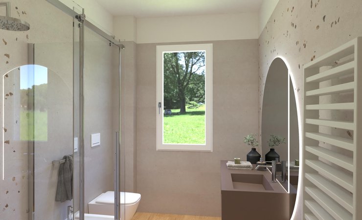 Immagine di progetto bagno di forma Rettangolare, realizzato con piastrelle a pavimento PLEIN AIR e piastrelle a rivestimento MATERIA PURA