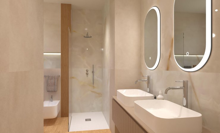 Immagine di progetto bagno di forma Rettangolare, realizzato con piastrelle a pavimento PLEIN AIR e piastrelle a rivestimento MILANO MOOD, TRUE COLOR, GEMME