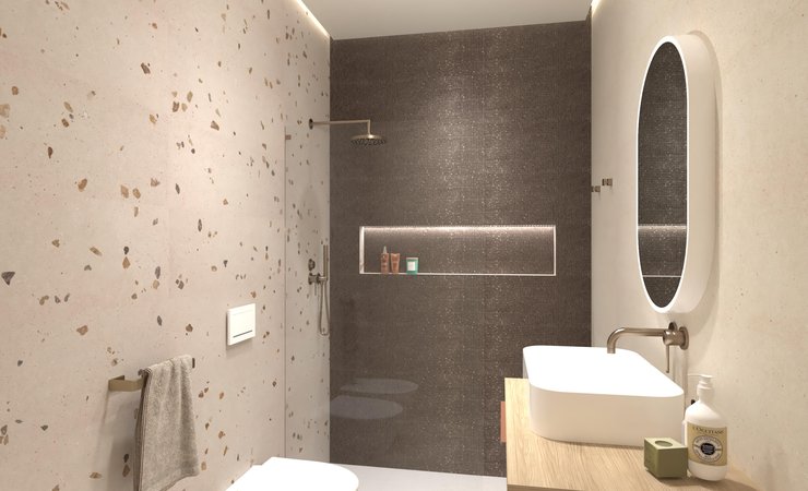 Image du projet de salle de bains de forme Rectangulaire, réalisée avec des carreaux de sol MATERIA PURA et carreaux muraux MATERIA PURA