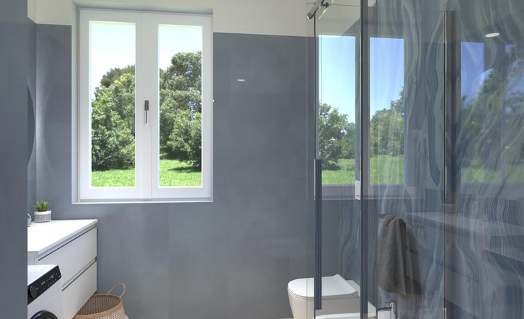Immagine di progetto bagno di forma Quadrato, realizzato con piastrelle a pavimento PLEIN AIR e piastrelle a rivestimento MATERIA BRILLANTE