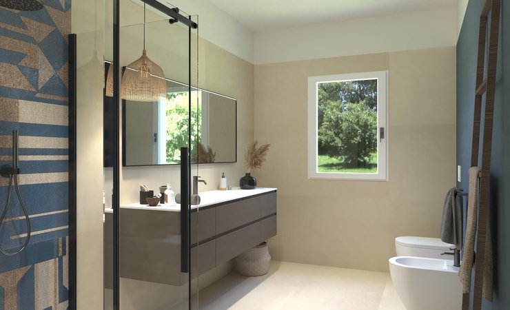 Bathroom design image in Rectangular shape, created with floor tiles SHEER and wall tiles SHEER, FAP MURALS, BLOOM