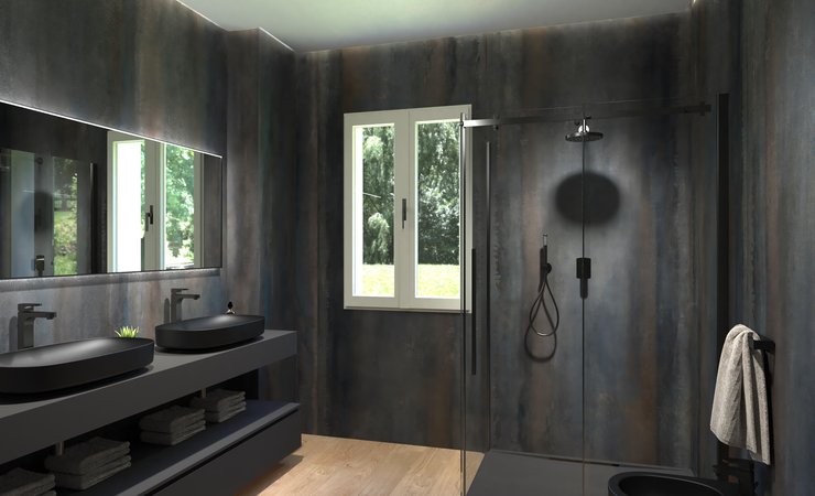 Bathroom design image in Squared shape, created with floor tiles PLEIN AIR and wall tiles 