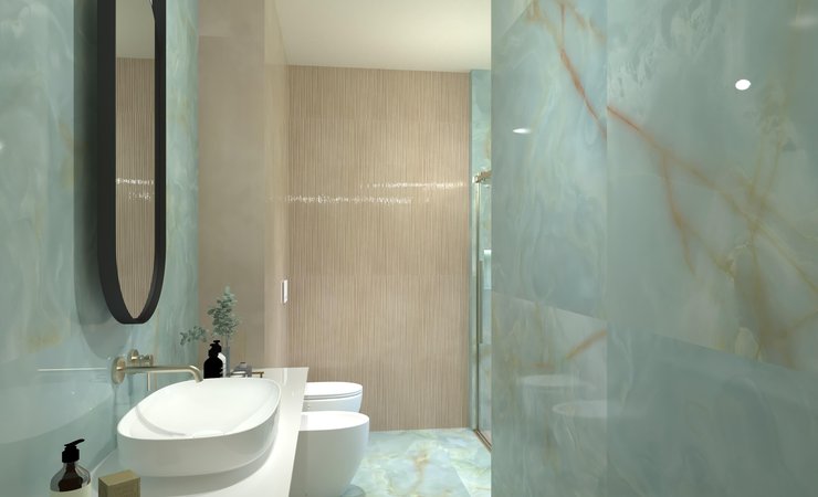 Bathroom design image in Rectangular shape, created with floor tiles GEMME and wall tiles MATERIA BRILLANTE, GEMME