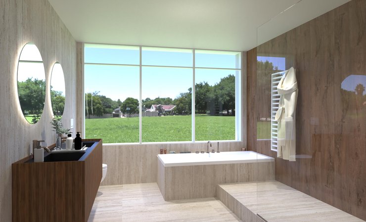 Immagine di progetto bagno di forma Quadrato, realizzato con piastrelle a pavimento MATERIA CLASSICA e piastrelle a rivestimento MATERIA CLASSICA, ROOTS