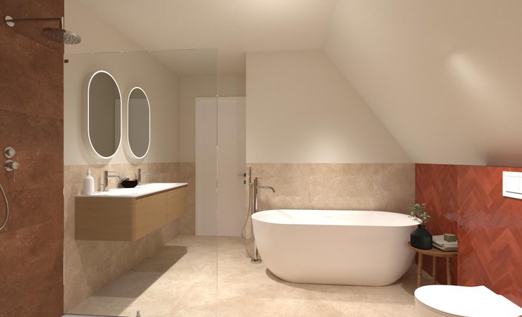 Bathroom design image in Squared shape, created with floor tiles NOBU and wall tiles GLIM, NOBU, OXIDE
