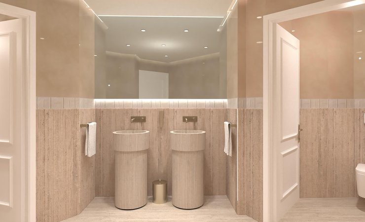 Immagine di progetto bagno di forma Rettangolare, realizzato con piastrelle a pavimento MATERIA CLASSICA e piastrelle a rivestimento MATERIA BRILLANTE, MATERIA CLASSICA